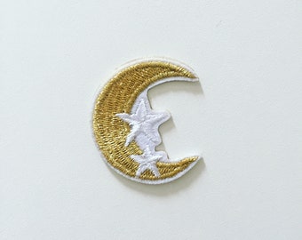 Golden Crescent Moon Stick-On Patch, Bling Crescent Moon Badge, Space Star Patch, Stars & Moon Embroidered Applique, Golden Moon Gift