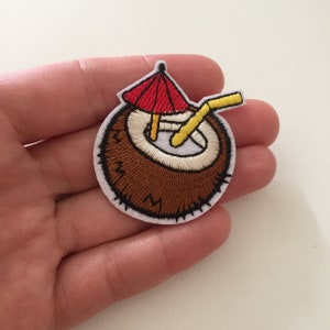 Coconut Water Stick-On Patch, Coconut Milk Cocktail Badge, Summer Drink Patch, DIY Embroidery, Exotic Embroidered Applique, Coconut Gift image 2