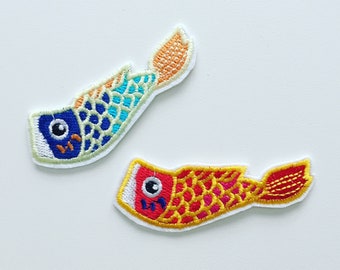 Japanese Carp Fish Iron-On Patch, Koi Carp Badge, Japanese Fish Badge, DIY Embroidery, Embroidered Applique, Koi Fish Gift - Set of 2