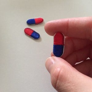 Tiny Pill Iron-on Patch: Red & Blue Embroidered Applique - Etsy