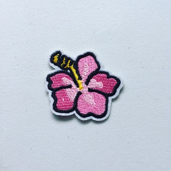 Hibiscus Flower Iron-On Patch, Pink Floral Badge, Flowery Patch, DIY Embroidery, Embroidered Applique, Exotic Flower Blossom Patch