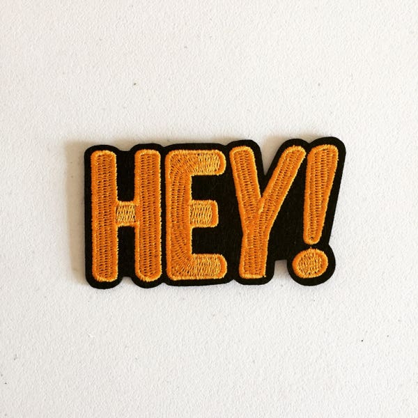 Hey Iron-On Patch, Cartoon Badge, Orange Applique Motif, Pop Art Decorative Patch, DIY Embroidery, Embroidered Applique, Pop Culture Gift