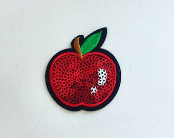 Red Apple Sequin Iron-On Patch, Apple Sequined Badge, Sparkling Fruit Badge, Bling DIY Embroidery, Embroidered Applique, Sequined Applique