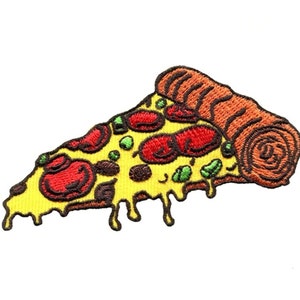 May include: Embroidered patch of a pizza slice. The slice has a yellow base, red pepperoni, green herbs, and a brown crust. The cheese is dripping down the side. The patch is on a white background.