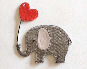 Elephant & Heart Balloon Iron-On Patch, Safari Animal Badge, Decorative Patch, DIY Embroidery, Embroidered Applique, Elephant Applique Motif