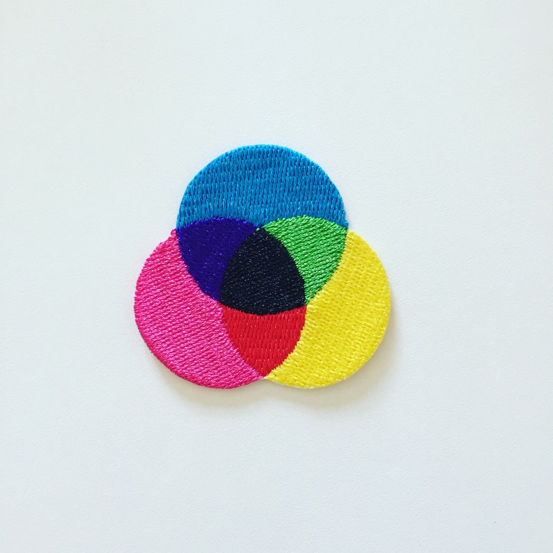Op de afbeelding: Een kleurrijk geborduurd patch met overlappende cirkels in blauw, groen, roze, rood en zwart.