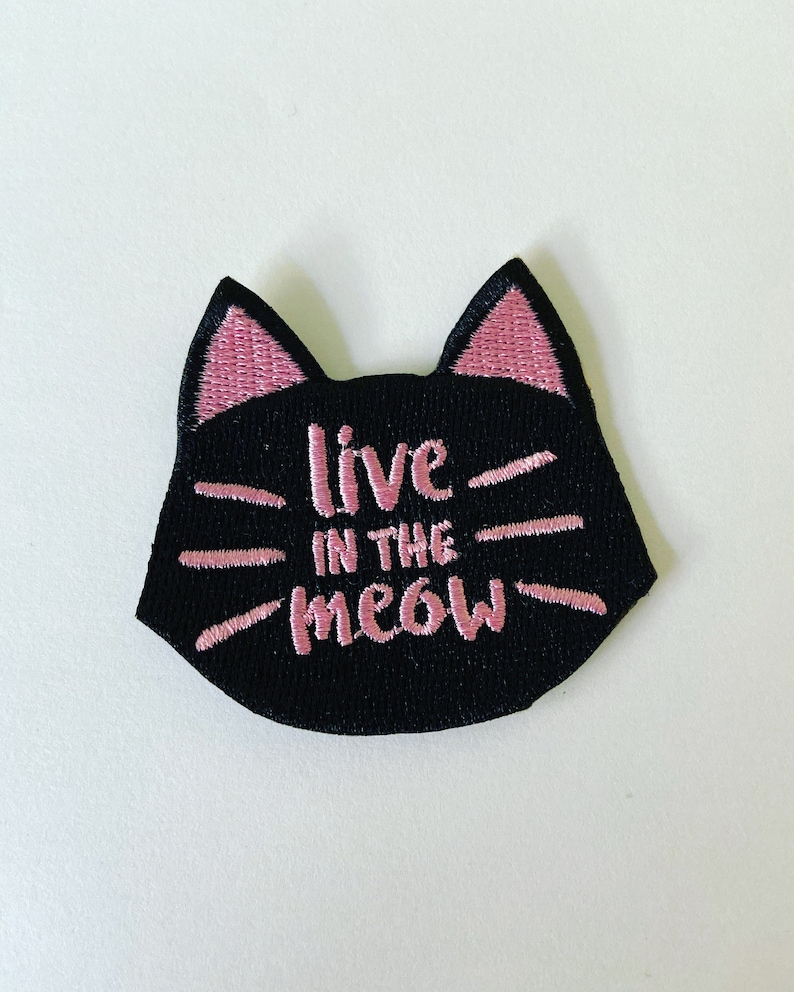 Funny Meow Cat Iron-On Patch, Cat Pun Badge, Kitty Animal Decorative Patch, DIY Embroidery, Cat Embroidered Applique, Cat Gift image 1