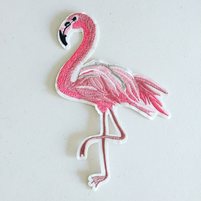 Large Flamingo Iron-On Patch, Tropical Summer Patch, Flamingo Badge, DIY Embroidery, Embroidered Applique, Girly Sew On Patch, Flamingo Gift image 1