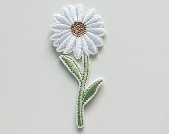 Écusson thermocollant tige marguerite, insigne hippie fleur blanche, écusson hippie fleuri, broderie à faire soi-même, appliques brodées, patch floral, cadeau fleur