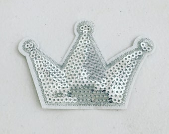 Patch thermocollant à sequins couronne argentée, insigne couronne à sequins, insigne girly scintillant, écusson princesse, broderie bricolage bling, appliques à sequins 1 pièce