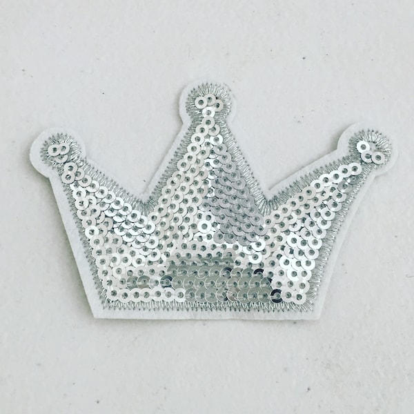 Patch thermocollant à sequins couronne argentée, insigne couronne à sequins, insigne girly scintillant, écusson princesse, broderie bricolage bling, appliques à sequins 1 pièce