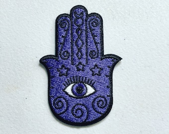 Hamsa Hand Iron-On Patch, Hamsa Eye Badge, Khamsah Amulet Patch, Amulet Badge, Evil Eye Motif Applique, DIY Embroidery, Embroidered Applique