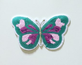 Turquoise Sequinned Butterfly Iron-On Patch, Bling Butterfly Sequin Badge, Sparkling Girly Patch, Applique brodée, Applique pailletée
