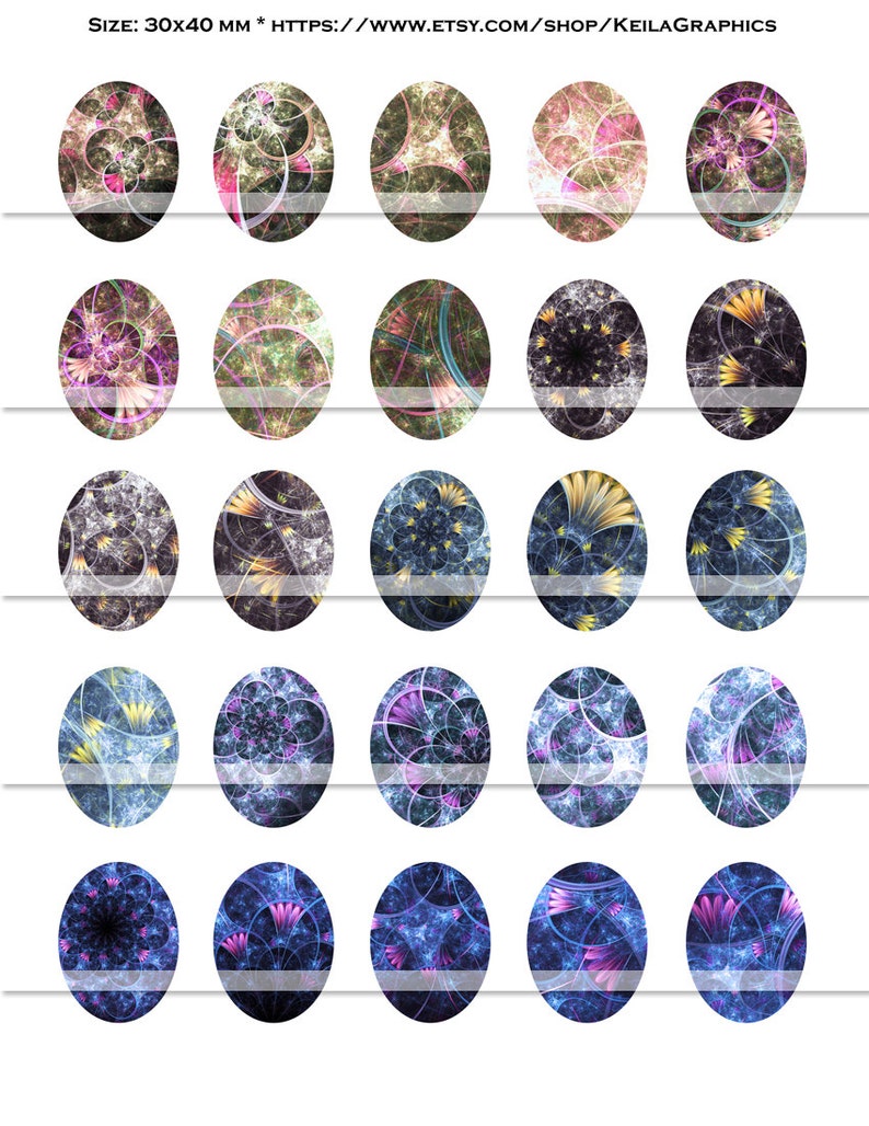 Digital Collage Sheet Instant Download Oval Size 40x50mm 30x40mm 22x30mm Printable Images Fractal Flowers image 3