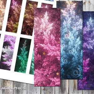 May include: A set of 10 digital printable bookmarks featuring a fractal tree design in various colors, including pink, blue, green, and purple.