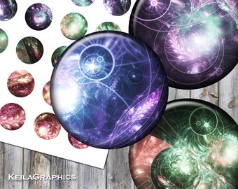 Digital Collage Sheet - Instant Download - Circle Size 30mm + 25mm + 20mm + 18mm Printable Images - Fractal Galaxy