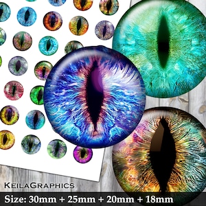 Fantasy Drachenaugen, Katzenaugen - Digital Collage Sheet - Kreis 30mm + 25mm + 20mm + 18mm - Instant Download - US letter + A4 Format