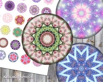 Digital Collage Sheet - Instant Download - Circle Size 2" + 1.5" + 1.25" + 1" Bottle Cap Printable Images - Fractal Kaleidoscope Mandala