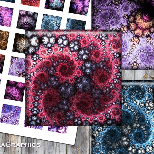 Digital Collage Sheet - Instant Download - Square Size 2" + 1.5" + 1" Printable Images - Fractal Swirls