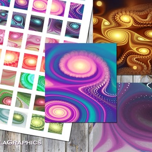 Puede incluir: Una colección de impresiones de arte digital abstracto con patrones arremolinados y colores vibrantes. Las impresiones muestran una variedad de diseños, incluyendo formas espirales y fluidas en tonos de rosa, azul, verde y dorado. El texto "KEILAGRAPHICS" es visible.