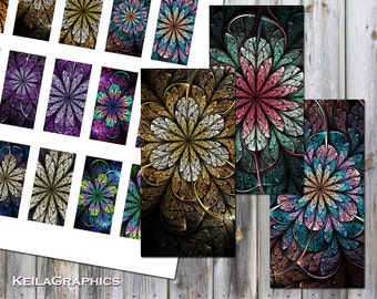 Digital Collage Sheet - Instant Download - Rectangle Domino Tile Size 1x2" + 0.75x1.5" - Printable Images - Fractal Flowers