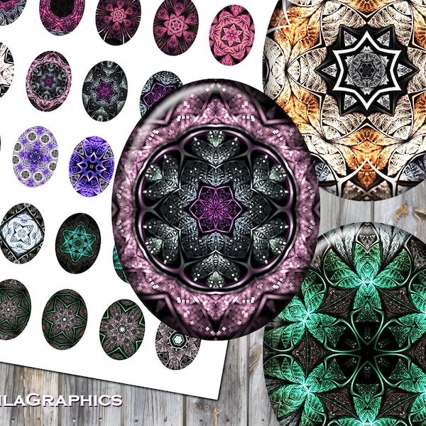 Digitale Collage Sheet - sofort-Download - Oval Größe 40x50mm + 30x40mm + 22x30mm druckfähiges Bildmaterial - Fraktal Kaleidoskop Mandalas