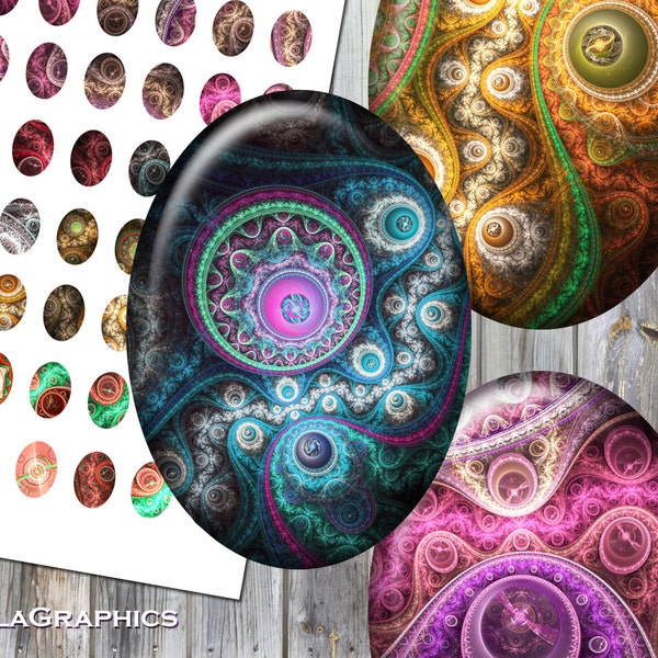 Digital Collage Sheet - Instant Download - Oval Size 18x25mm + 13x18mm + 10x14mm Printable Images - Fractal Steampunk