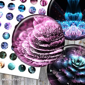 Digital Collage Sheet - Instant Download - Circle Size 30mm + 25mm + 20mm + 18mm Printable Images - Fractal Flowers