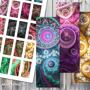 May include: A set of three digital art prints featuring intricate patterns of swirling circles and lines in shades of purple, blue, and yellow. The prints are arranged vertically on a wooden background.