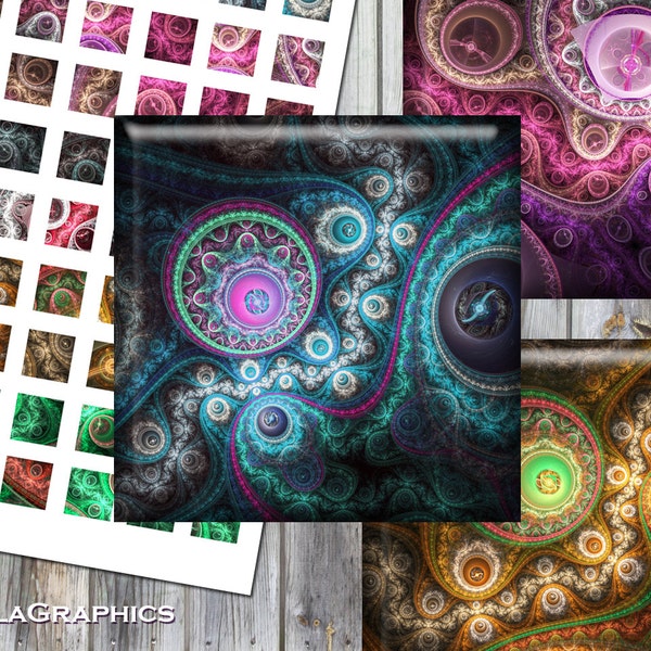 Digital Collage Sheet - Instant Download - Square Size 25mm + 20mm + 15mm Printable Images - Fractal Steampunk