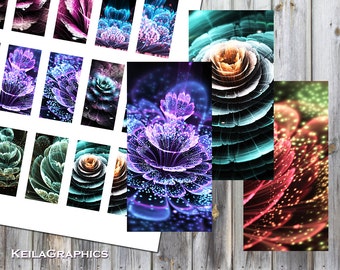 Digital Collage Sheet - Instant Download - Rectangle Domino Tile Size 1x2" + 0.75x1.5" - Printable Images - Fractal Flowers