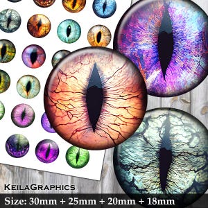 Fantasy Dragon Eyes, Cat Eyes - Feuille de collage numérique - Cercle 30 mm + 25 mm + 20 mm + 18 mm - Téléchargement instantané - Format lettre US + A4