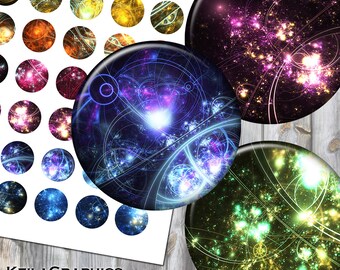 May include: Set of four round galaxy-themed digital paper designs. The designs feature swirling lines of light and dark colors, including blue, purple, green, and yellow. The designs are available in four sizes: 2 inches, 1.5 inches, 1.25 inches, and 1 inch.