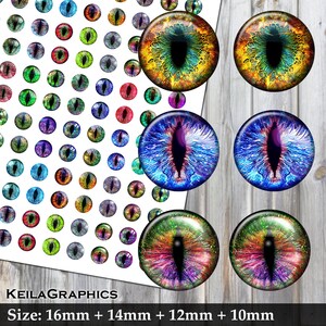 Ojos de Dragón de Fantasía, Ojos de Gato - Hoja de Collage Digital - Círculo 16mm + 14mm + 12mm + 10mm - Descarga Instantánea - Carta de EE.UU. + formato A4