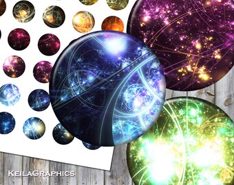 May include: A set of 16 round stickers featuring abstract designs with swirling lines and glowing lights in shades of blue, purple, green, and yellow.
