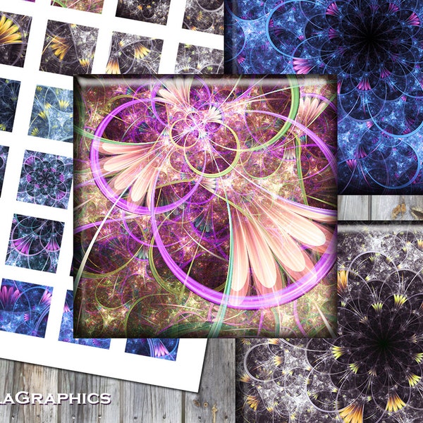 Digital Collage Sheet - Instant Download - Square Size 2" + 1.5" + 1" Printable Images - Fractal Flowers