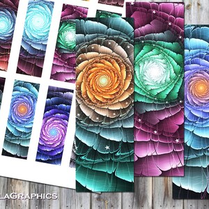 May include: Set of 10 printable bookmark designs featuring colorful, abstract floral patterns with a swirling, fractal-like design. Each bookmark has a different color scheme, including teal, purple, pink, and orange.