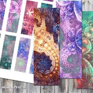 May include: A set of digital printable bookmarks featuring abstract designs with swirling patterns and colorful bubbles. The designs are in shades of purple, blue, green, and orange.