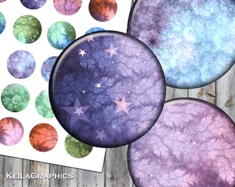 May include: A set of 12 round, printable scrapbook paper designs featuring a galaxy theme with stars and swirls of purple, blue, and pink.