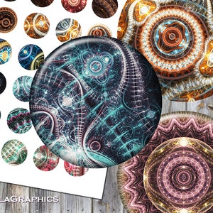 Digital Collage Sheet Instant Download Circle Size 2 1.5 1.25 1 Bottle Cap Printable Images Fractal Steampunk image 1