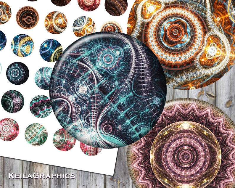 Digital Collage Sheet Instant Download Circle Size 2 1.5 1.25 1 Bottle Cap Printable Images Fractal Steampunk image 1