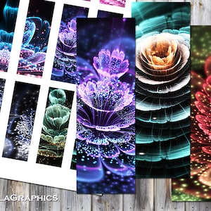 May include: Set of 10 digital printable bookmarks featuring abstract floral designs in various colors, including blue, purple, green, and red. The designs have a glowing, ethereal quality.
