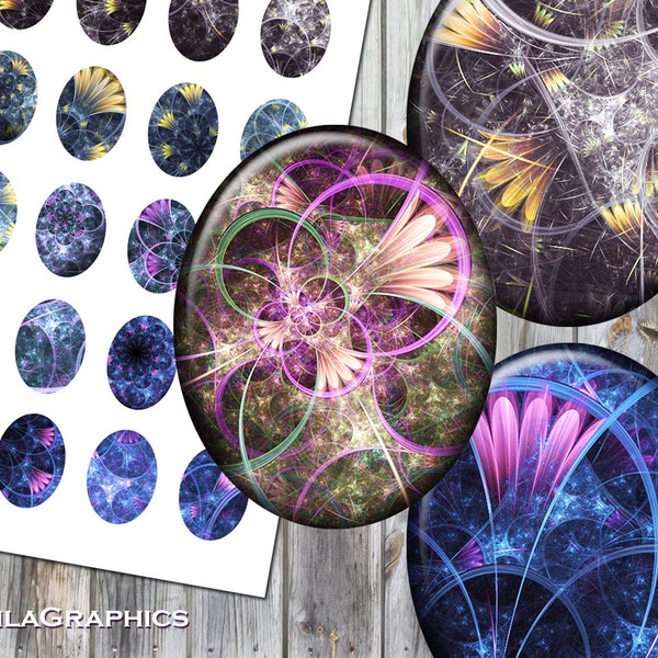 Digital Collage Sheet - Instant Download - Oval Size 40x50mm + 30x40mm + 22x30mm Printable Images - Fractal Flowers