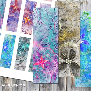 May include: Set of 10 digital printable bookmarks featuring abstract floral designs in shades of blue, purple, pink, and green. The bookmarks are perfect for adding a touch of whimsy to your reading experience.