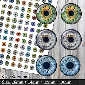Yeux de poupée réalistes - feuille de collage numérique - cercle 16 mm + 14 mm + 12 mm + 10 mm - image imprimable à téléchargement immédiat - format lettre US + A4