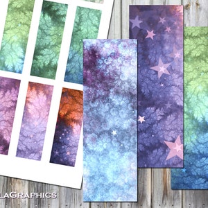 May include: A set of printable digital bookmark designs featuring a variety of colorful abstract patterns with stars. The designs are perfect for adding a touch of whimsy to your reading experience.