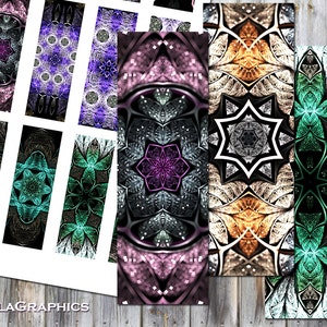 May include: A set of printable digital bookmarks featuring intricate, colorful, and symmetrical patterns. The designs include a pink and purple mandala, a teal and black floral design, a brown and gold geometric pattern, and a green and black floral design.