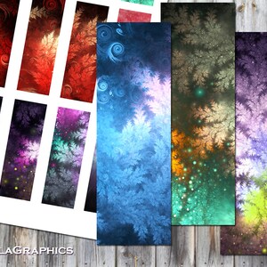 May include: Set of 10 printable digital bookmark designs featuring abstract fractal patterns in various colors, including blue, green, purple, and red. The designs are perfect for adding a touch of whimsy to your reading experience.