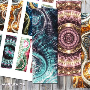 May include: A set of digital printable stickers featuring intricate patterns in shades of blue, green, pink, and gold. The patterns are reminiscent of gears, swirls, and mandalas.