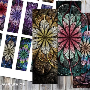 May include: A set of 9 digital printable bookmarks featuring intricate floral designs in various colors, including red, purple, blue, green, gold, and silver. The designs are reminiscent of stained glass windows.